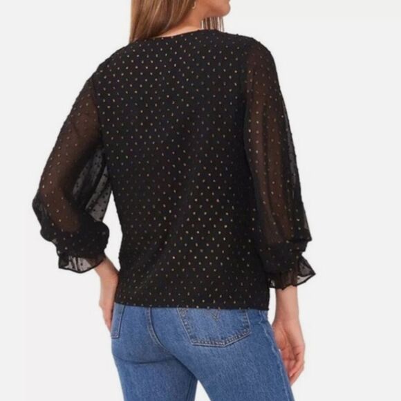 Vince Camuto Black and Gold Ruffled Blouse with 3/4 Sleeves Women’s Size M - Picture 2 of 6